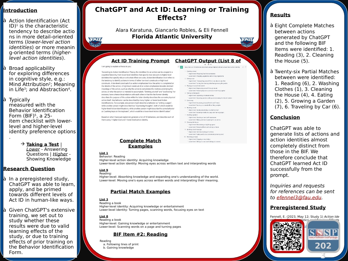 ChatGPT and Act ID: Learning Effect or Training Effects? Society of Southeastern Social Psychologists 2023 Annual Convention. Alara Karatuna, Giancarlo Robes, & Eli Fennell